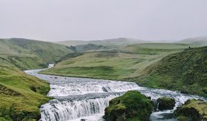 Preview wallpaper waterfall, stream, stones, distance