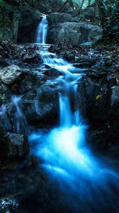 Preview wallpaper waterfall, stream, stones, dusk