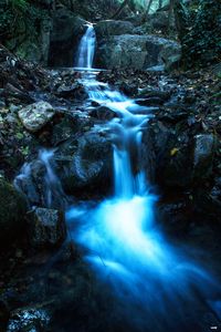 Preview wallpaper waterfall, stream, stones, dusk