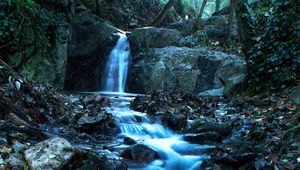 Preview wallpaper waterfall, stream, stones, dusk