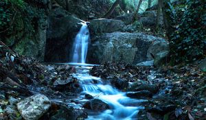 Preview wallpaper waterfall, stream, stones, dusk