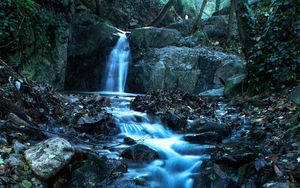 Preview wallpaper waterfall, stream, stones, dusk