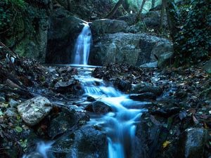 Preview wallpaper waterfall, stream, stones, dusk