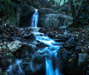 Preview wallpaper waterfall, stream, stones, dusk