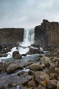 Preview wallpaper waterfall, stream, stones, cliff, rock