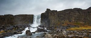 Preview wallpaper waterfall, stream, stones, cliff, rock