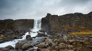 Preview wallpaper waterfall, stream, stones, cliff, rock