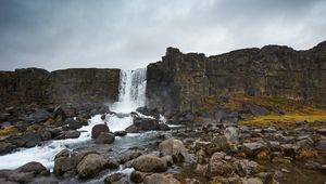 Preview wallpaper waterfall, stream, stones, cliff, rock