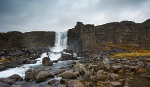 Preview wallpaper waterfall, stream, stones, cliff, rock