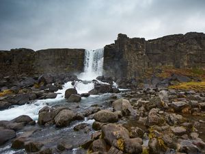 Preview wallpaper waterfall, stream, stones, cliff, rock