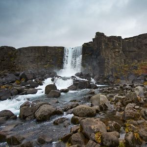 Preview wallpaper waterfall, stream, stones, cliff, rock