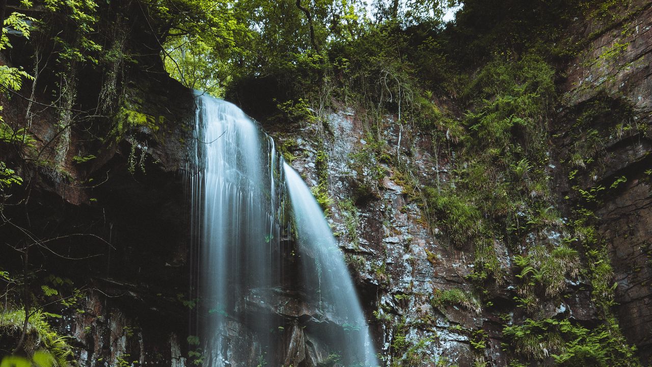 Wallpaper waterfall, stream, stones, moss, fern