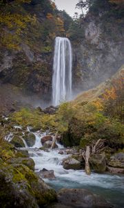 Preview wallpaper waterfall, stream, stones, moss, rock