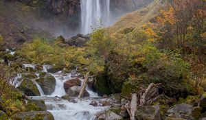 Preview wallpaper waterfall, stream, stones, moss, rock