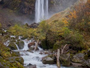 Preview wallpaper waterfall, stream, stones, moss, rock