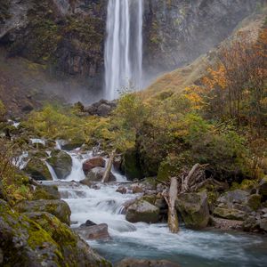 Preview wallpaper waterfall, stream, stones, moss, rock