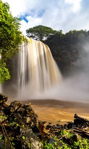 Preview wallpaper waterfall, stream, trees, branches, water, stones