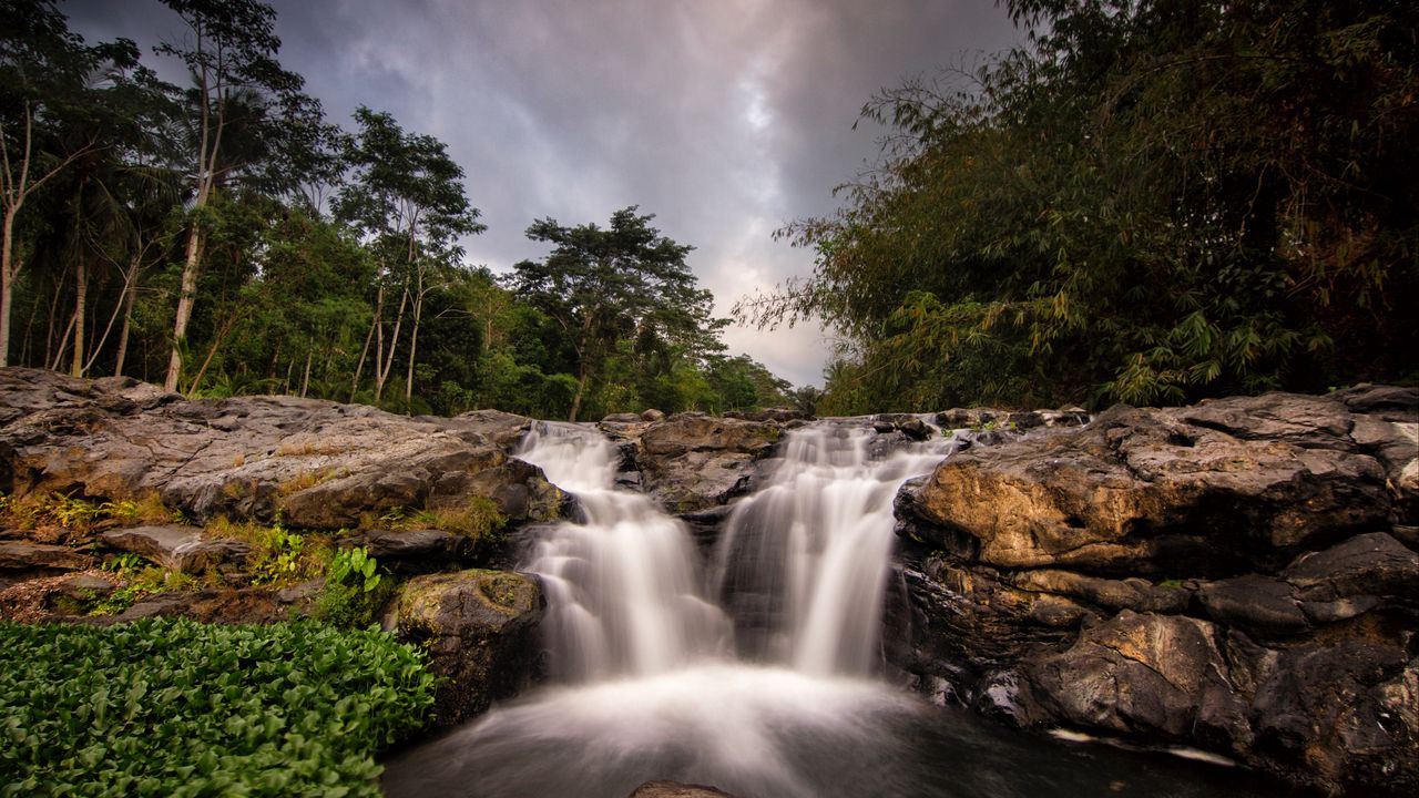 Wallpaper waterfall, stream, trees, bushes, stones