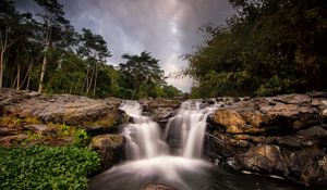 Preview wallpaper waterfall, stream, trees, bushes, stones