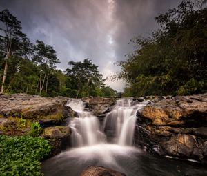 Preview wallpaper waterfall, stream, trees, bushes, stones