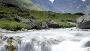 Preview wallpaper waterfall, stream, water, stones, rocks