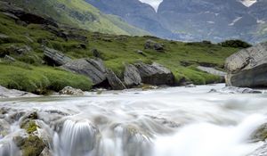 Preview wallpaper waterfall, stream, water, stones, rocks