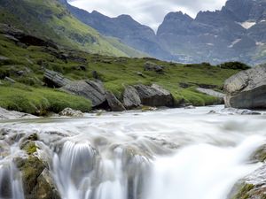 Preview wallpaper waterfall, stream, water, stones, rocks