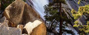 Preview wallpaper waterfall, tree, stones, nature