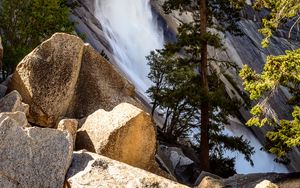 Preview wallpaper waterfall, tree, stones, nature