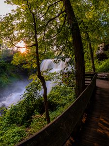 Preview wallpaper waterfall, trees, bridge, nature, landscape
