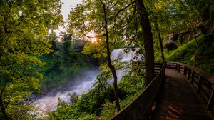 Preview wallpaper waterfall, trees, bridge, nature, landscape