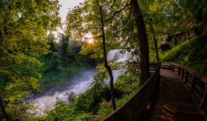 Preview wallpaper waterfall, trees, bridge, nature, landscape