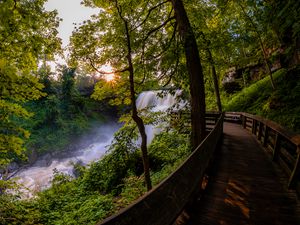 Preview wallpaper waterfall, trees, bridge, nature, landscape