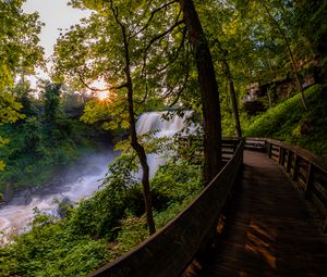 Preview wallpaper waterfall, trees, bridge, nature, landscape