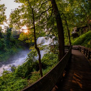 Preview wallpaper waterfall, trees, bridge, nature, landscape