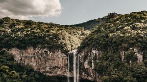 Preview wallpaper waterfall, trees, cliff, sky, clouds