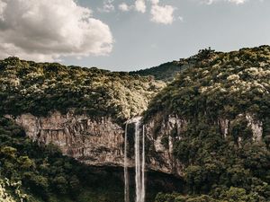 Preview wallpaper waterfall, trees, cliff, sky, clouds