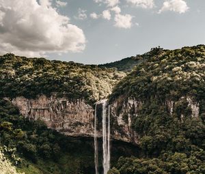 Preview wallpaper waterfall, trees, cliff, sky, clouds