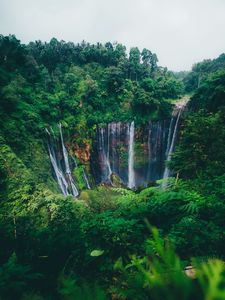 Preview wallpaper waterfall, trees, forest, green, current, cliff