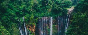 Preview wallpaper waterfall, trees, forest, green, current, cliff