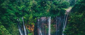 Preview wallpaper waterfall, trees, forest, green, current, cliff