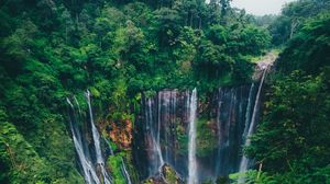 Preview wallpaper waterfall, trees, forest, green, current, cliff