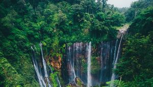 Preview wallpaper waterfall, trees, forest, green, current, cliff