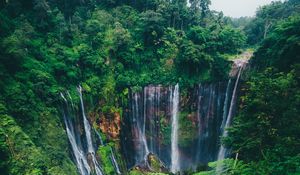 Preview wallpaper waterfall, trees, forest, green, current, cliff