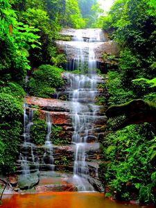 Preview wallpaper waterfall, trees, grass, dinosaur