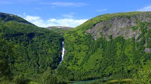 Preview wallpaper waterfall, trees, mountains, forest