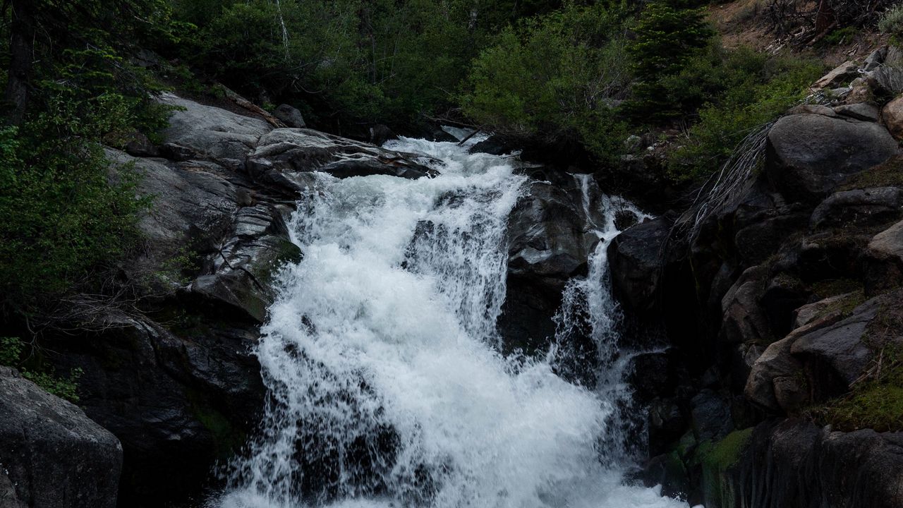 Wallpaper waterfall, trees, nature, dark