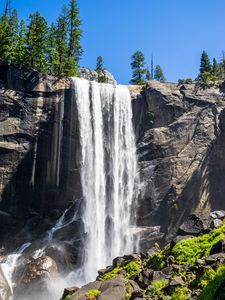 Preview wallpaper waterfall, trees, stones, moss, landscape, nature