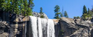 Preview wallpaper waterfall, trees, stones, moss, landscape, nature