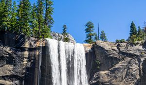 Preview wallpaper waterfall, trees, stones, moss, landscape, nature